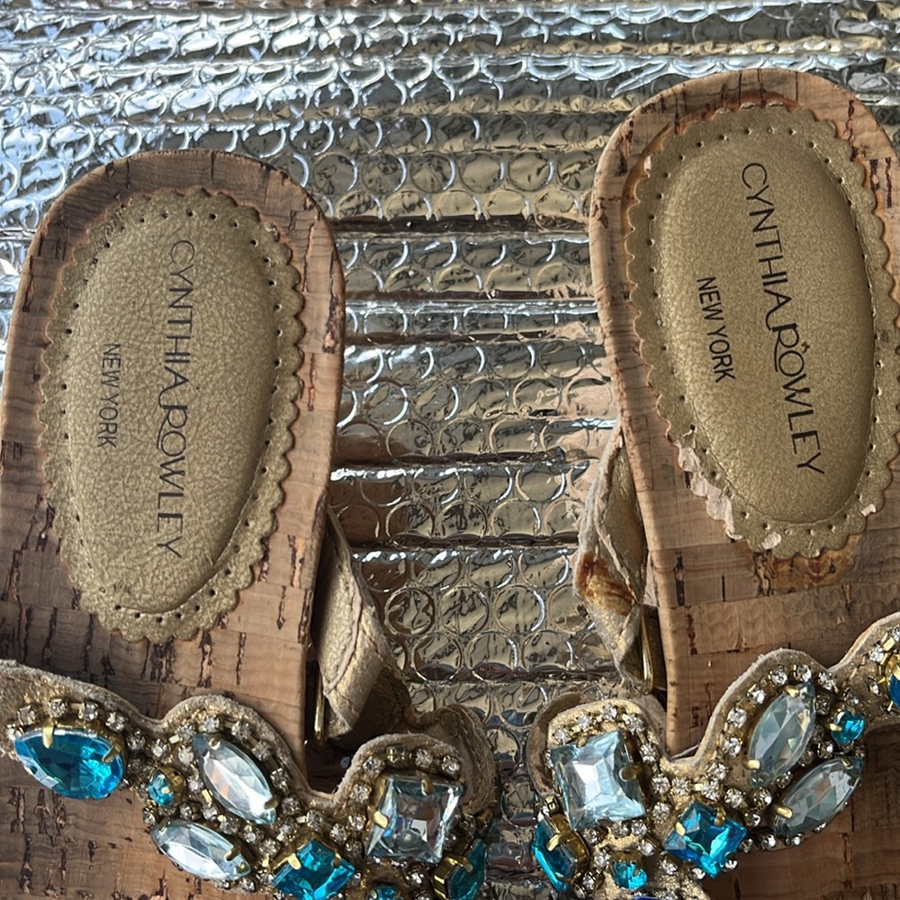Cynthia Rowley Tan and Blue Sandals with Embellishments - Picture 3 of 14